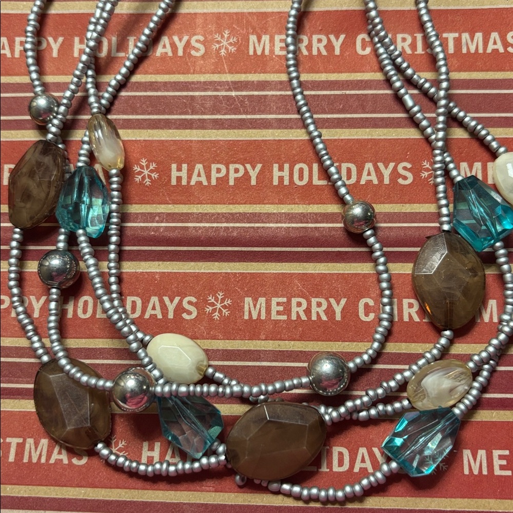 Coastal vibe necklace blue brown silver tone Beach Boho